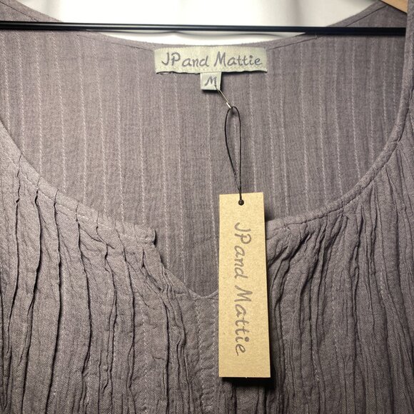 JP and Mattie Gray Peasant Dress Womens M Boho Cotton Crinkly Pockets Swing NWT - Picture 2 of 11